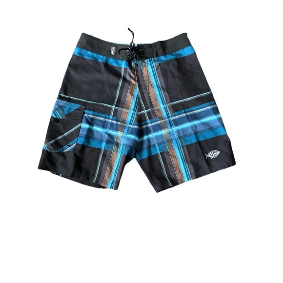 AFTCO Blue Water Swim Trunks Fishing Board Shorts Men's Size 28 Brown Blue Plaid - Picture 1 of 6